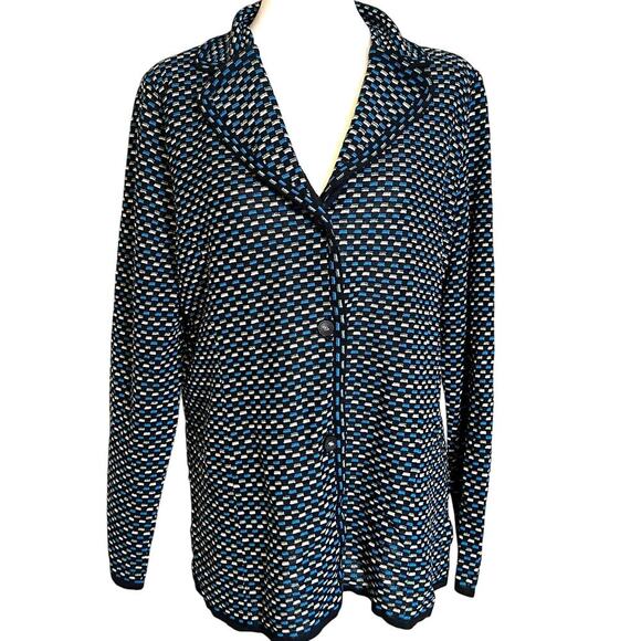 Exclusively Misook Blue, White, Black Metallic Blazer Style Knit Cardigan Large - Picture 1 of 10